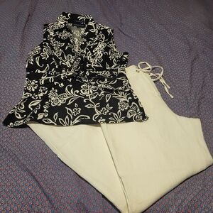 JM Collection White LINEN lined Straight Leg Pants W/cotton Top